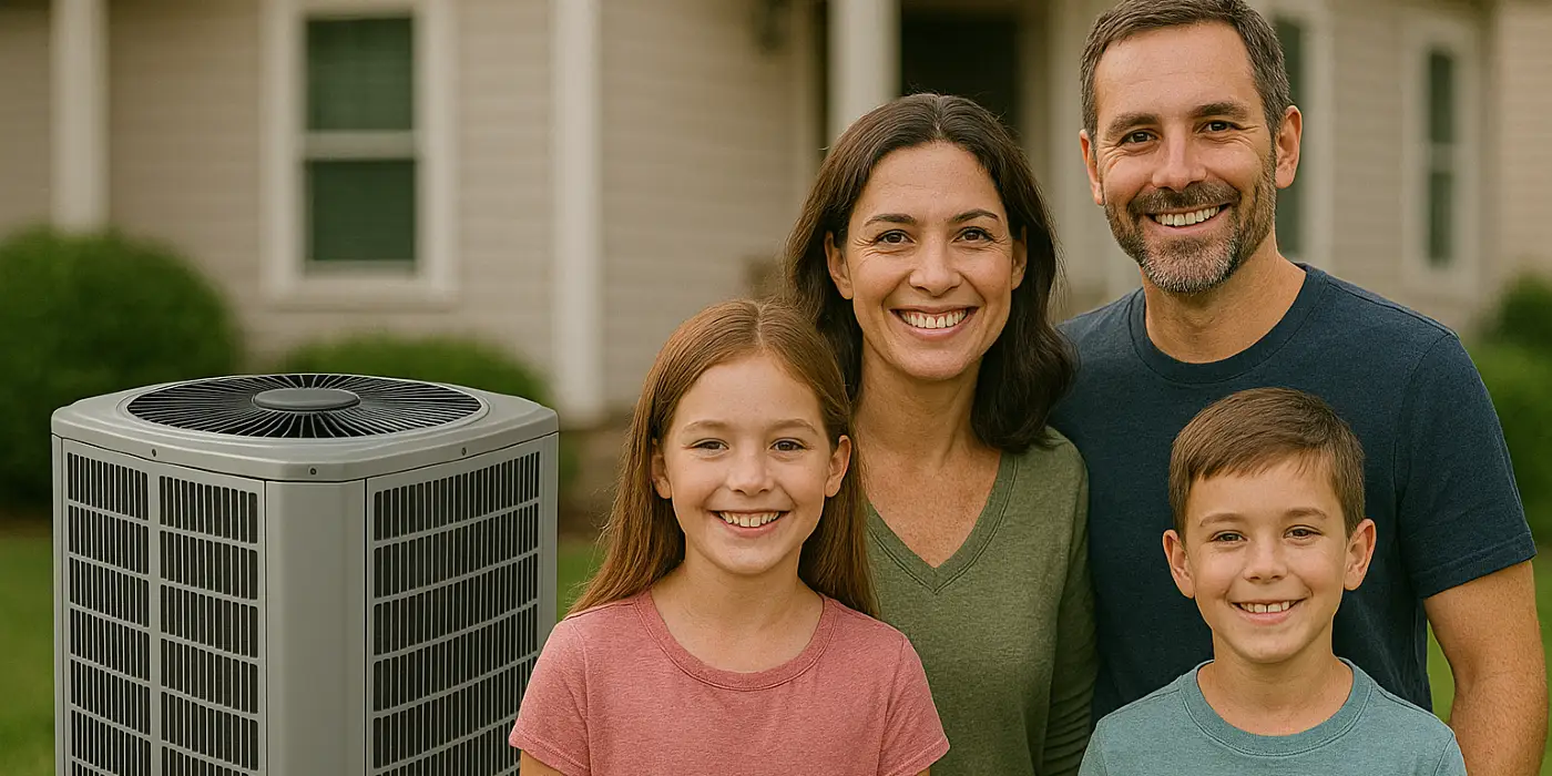 a family outside the house smiling at the camera with a new AC unit next to them from Air Conditioning Repair Dallas in Dallas, TX - Air Conditioner Installation