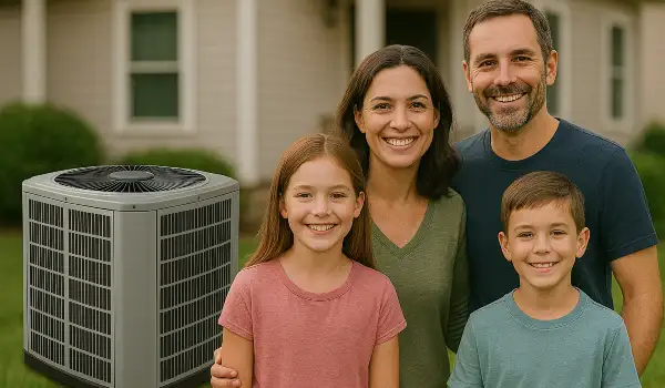 a family outside the house smiling at the camera with a new AC unit next to them from Air Conditioning Repair Dallas in Dallas, TX - Air Conditioner Installation