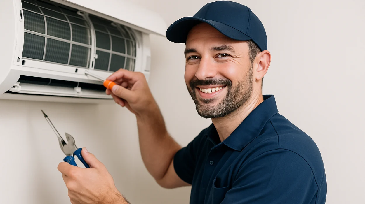 a male air conditioning techinican using a screwdriver to open a mini split unit and smiling at the camera from Air Conditioning Repair Dallas in Dallas, TX - Air Conditioning Best Practices