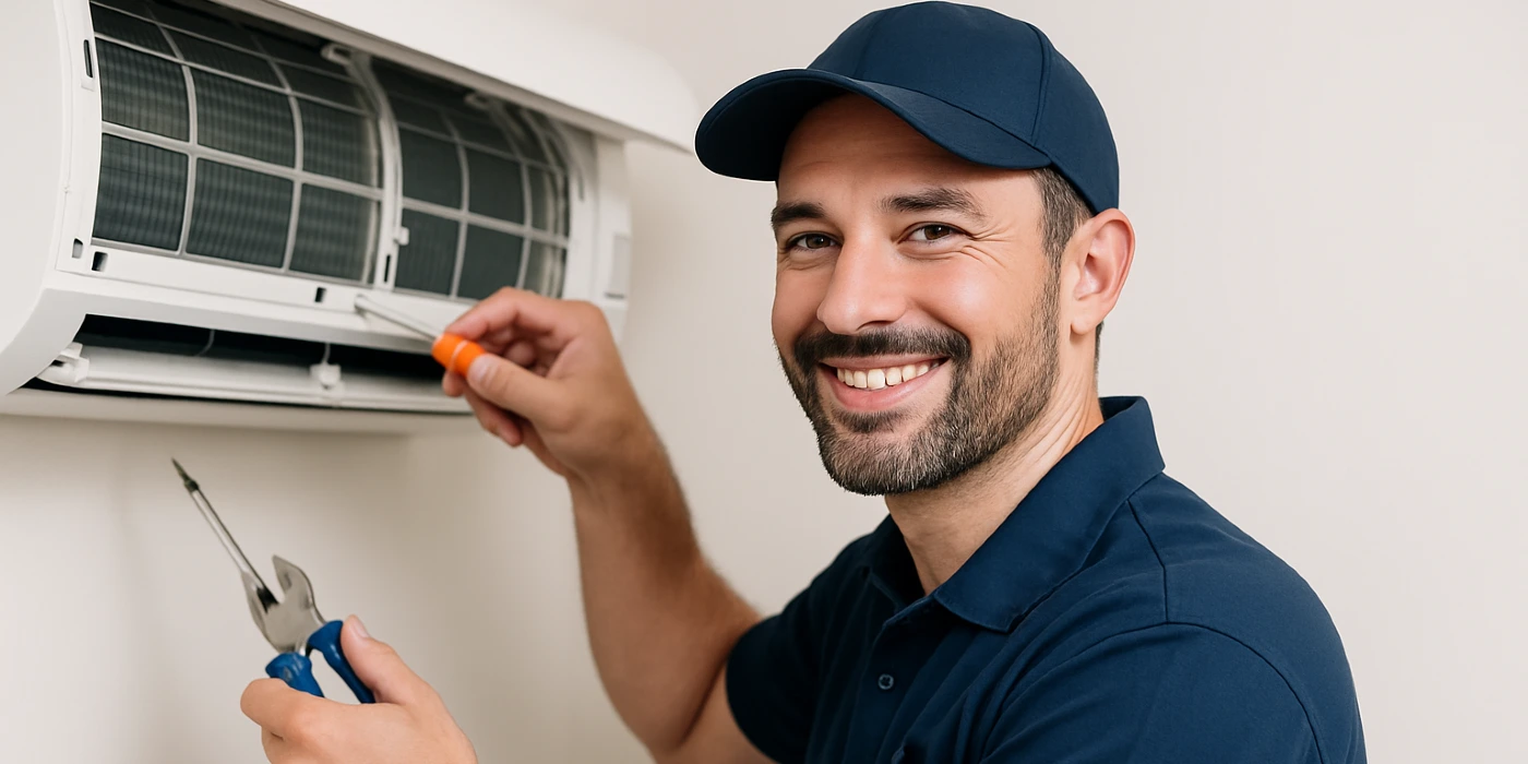 a male air conditioning techinican using a screwdriver to open a mini split unit and smiling at the camera from Air Conditioning Repair Dallas in Dallas, TX - Air Conditioning Best Practices
