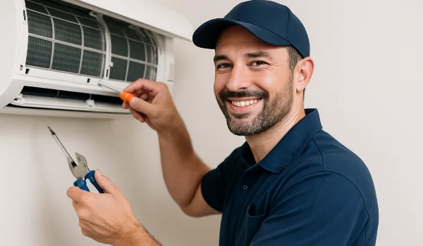 a male air conditioning techinican using a screwdriver to open a mini split unit and smiling at the camera from Air Conditioning Repair Dallas in Dallas, TX - Air Conditioning Best Practices