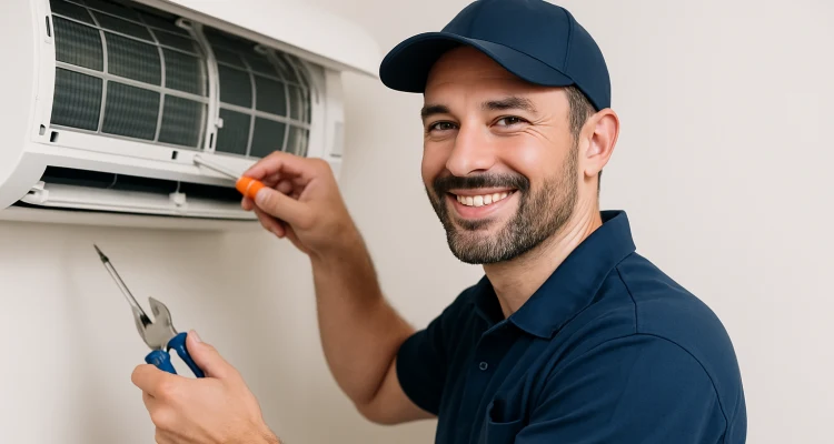 a male air conditioning techinican using a screwdriver to open a mini split unit and smiling at the camera from Air Conditioning Repair Dallas in Dallas, TX - Air Conditioning Best Practices