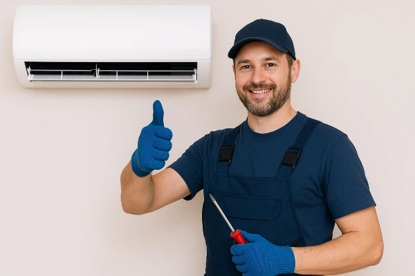 a male air conditioning technician smiling and giving a thumbs-up at the camera from Air Conditioning Repair Dallas in Dallas, TX - Air Conditioning Best Practices