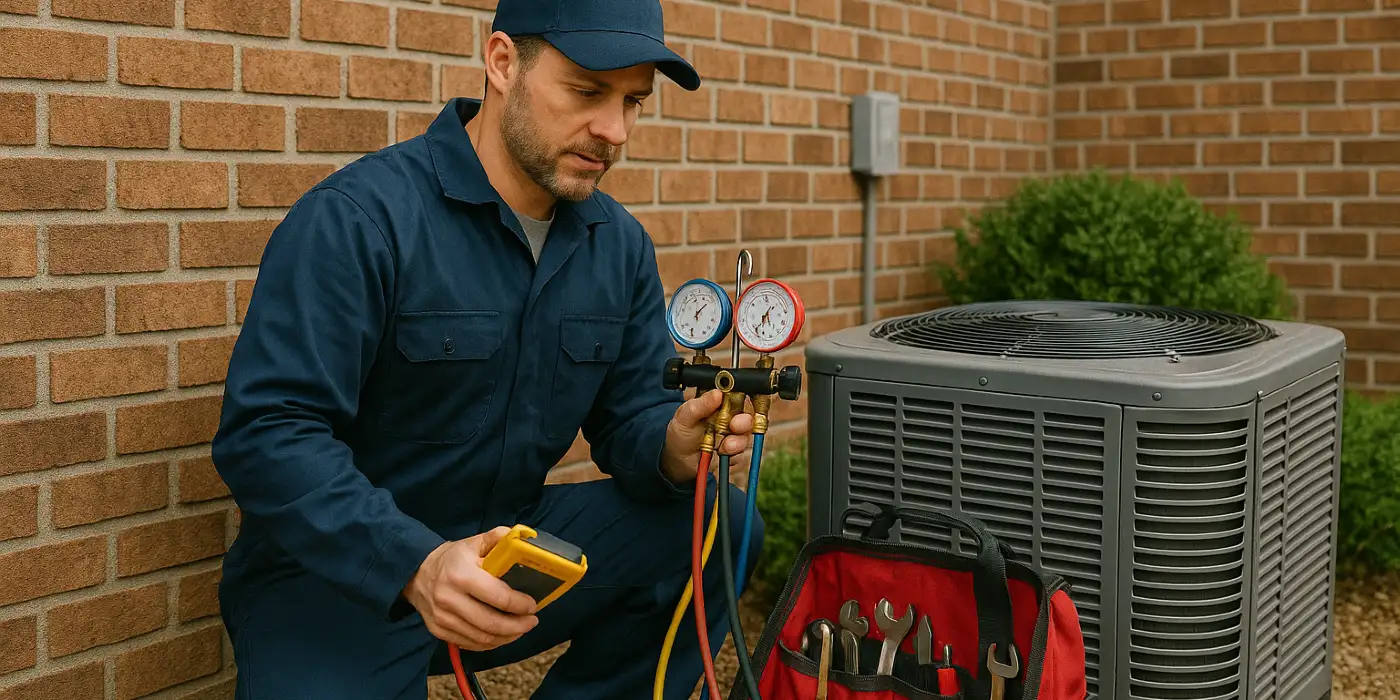 an air conditioning technician with his tools checking an outside ac unite from Air Conditioning Repair Dallas in Dallas, TX - Air Conditioning Contractor