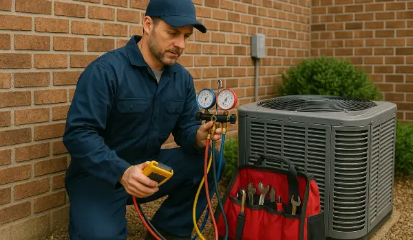 an air conditioning technician with his tools checking an outside ac unite from Air Conditioning Repair Dallas in Dallas, TX - Air Conditioning Contractor