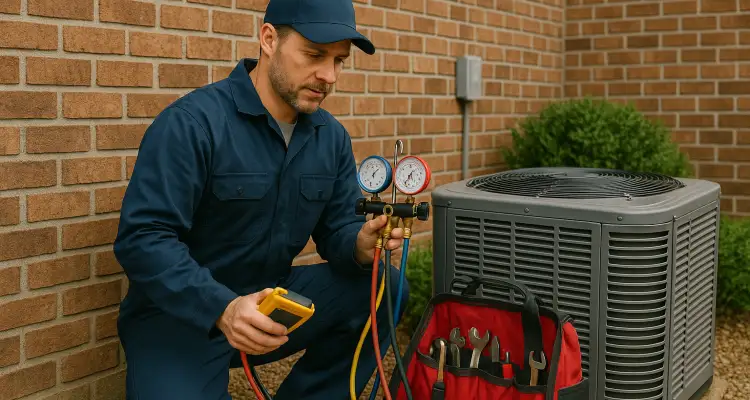 an air conditioning technician with his tools checking an outside ac unite from Air Conditioning Repair Dallas in Dallas, TX - Air Conditioning Contractor