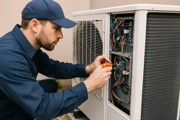 an air conditioning technician using a scredriver to check the wires of an ac unite from Air Conditioning Repair Dallas in Dallas, TX - Air Conditioning Contractor