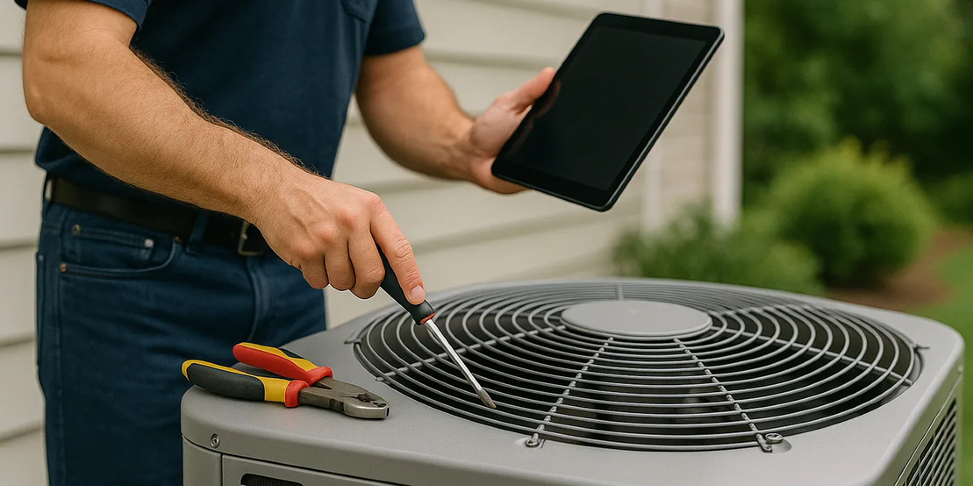 a male air conditioning technician testing an outside ac unit from Air Conditioning Repair Dallas in Dallas, TX - Air Conditioning Inspection