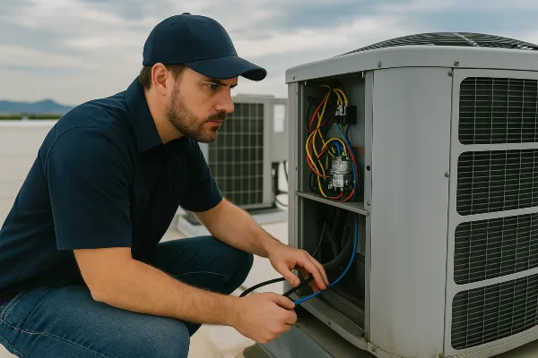 a male air conditioning technician checking a commercial ac unit located on the roof of the building from Air Conditioning Repair Dallas in Dallas, TX - Air Conditioning Inspection