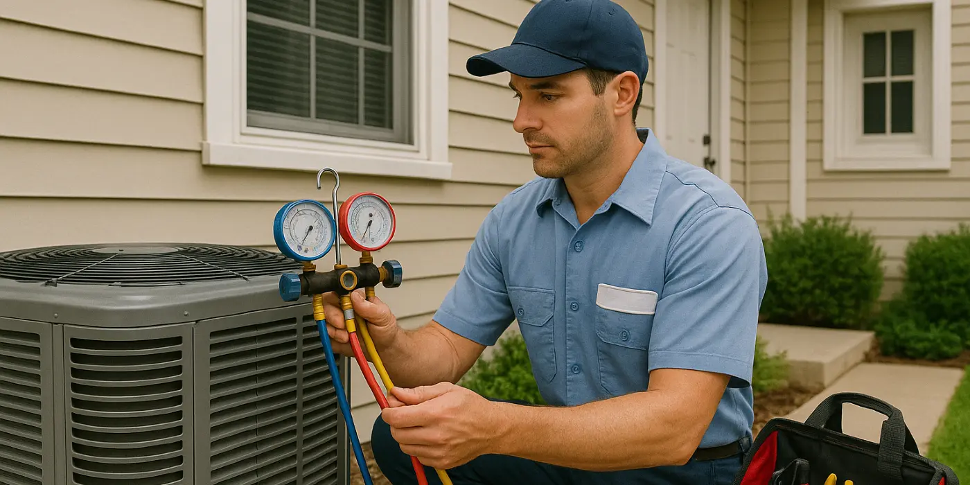 an air conditioning technician in uniform using the manifold gauge to test an ac unit from Air Conditioning Repair Dallas in Dallas, TX - Commercial Air Conditioning Services