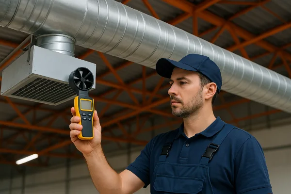 an air conditioning technician holding a wireless temperature meter to check a vent temperature from Air Conditioning Repair Dallas in Dallas, TX - Commercial Air Conditioning Services