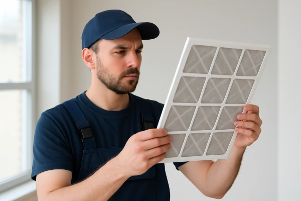 an air conditioning technician holding and checking an ac filter from Air Conditioning Repair Dallas in Dallas, TX - Commercial Air Conditioning Services