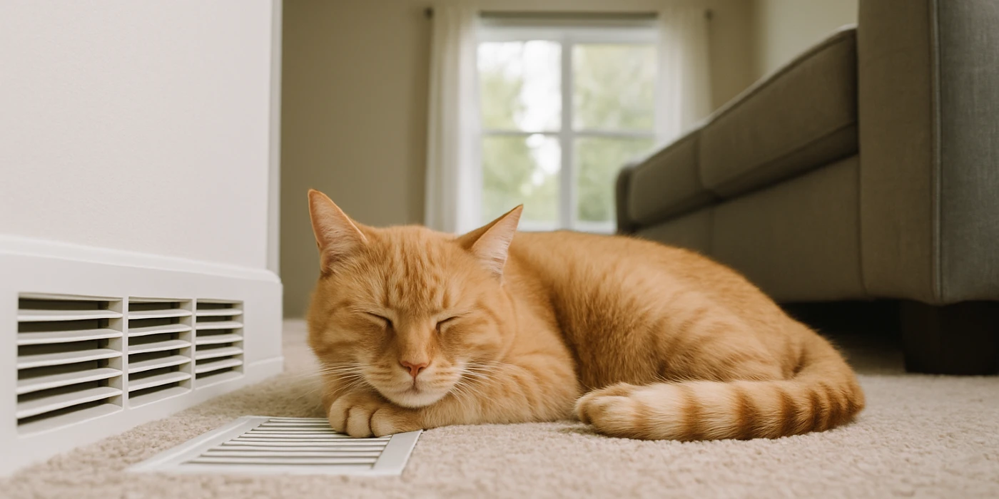 an orange cat laying on the carpet next to an AC vent from Air Conditioning Repair Dallas in Dallas, TX - Emergency Air Conditioning Repair