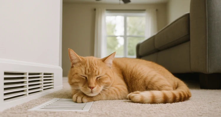 an orange cat laying on the carpet next to an AC vent from Air Conditioning Repair Dallas in Dallas, TX - Emergency Air Conditioning Repair