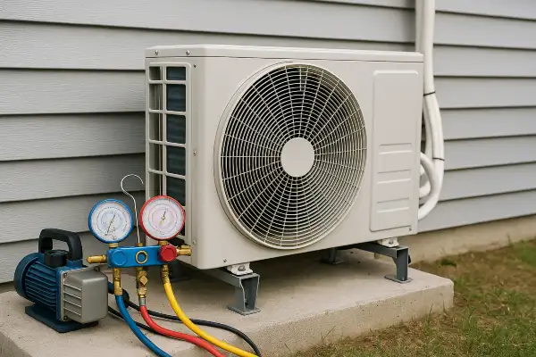 an ac unit outside with an ac manifold gauge next to it from Air Conditioning Repair Dallas in Irving, TX - Irving TX