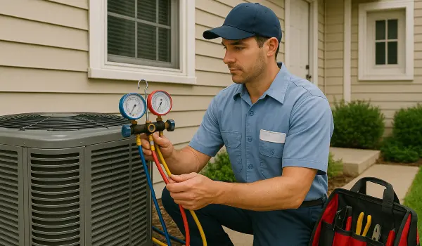 an air conditioning technician in uniform using the manifold gauge to test an ac unit from Air Conditioning Repair Dallas in Plano, TX - Plano TX