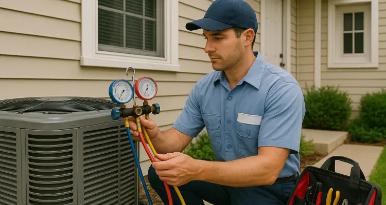 an air conditioning technician in uniform using the manifold gauge to test an ac unit from Air Conditioning Repair Dallas in Plano, TX - Plano TX