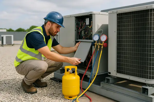 an air conditioning technician using a small freon tank to refill an ac unit from Air Conditioning Repair Dallas in Plano, TX - Plano TX