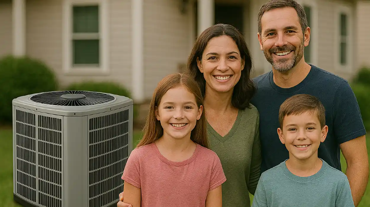 a family outside the house smiling at the camera with a new AC unit next to them from Air Conditioning Repair Dallas in Richardson, TX - Richardson TX