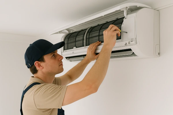 a male air conditioning technician checking a mini split AC unit from Air Conditioning Repair Dallas in Richardson, TX - Richardson TX